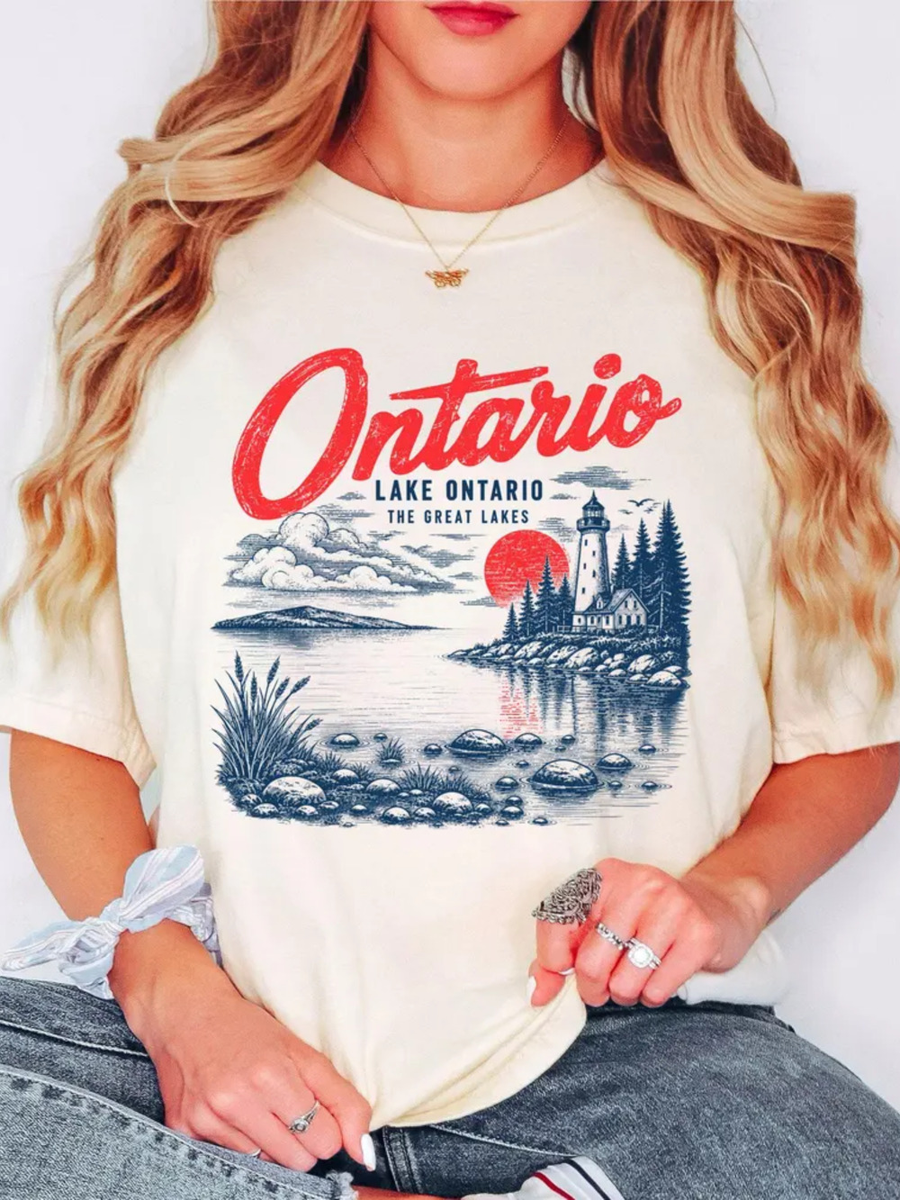 Great Lakes Lake Ontario Loon Lighthouse Canadian Wildlife Vintage Aesthetic Tee